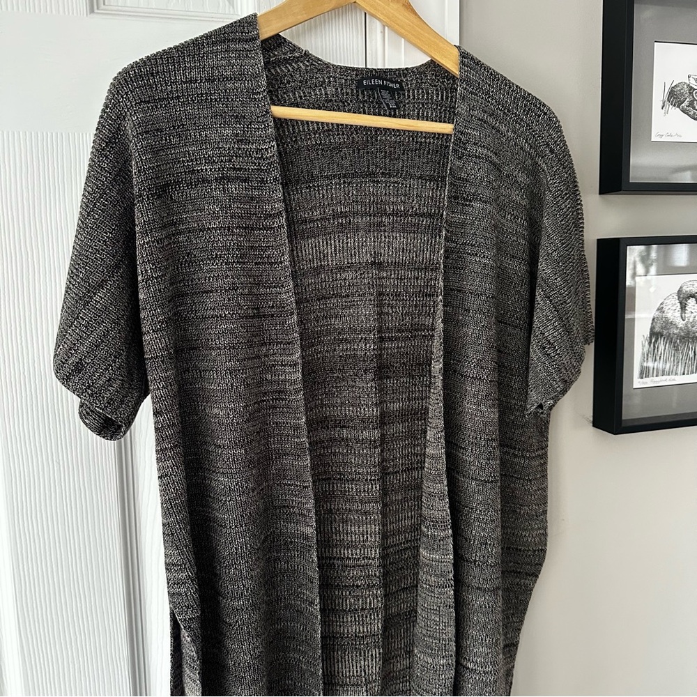 Eileen Fisher Textured Black and Cream Open-Front Cardigan